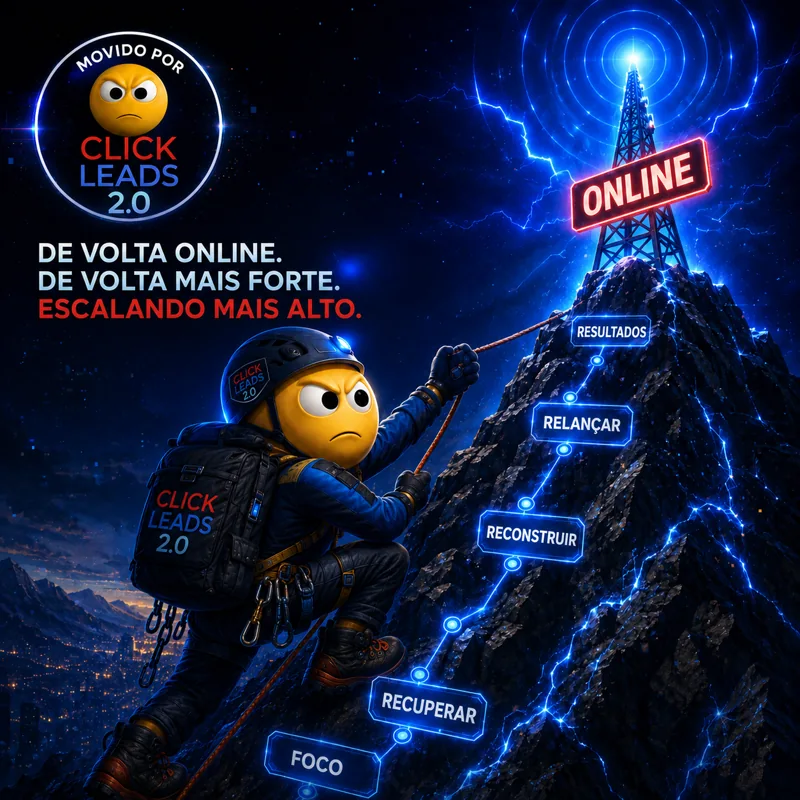ClickLeads 2.0 representado por um personagem escalando rumo a resultados